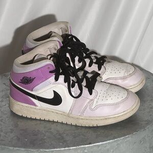 Nike Air Jordan 1 Mid Shoes in Barely Grape Black and White Youth Size 5